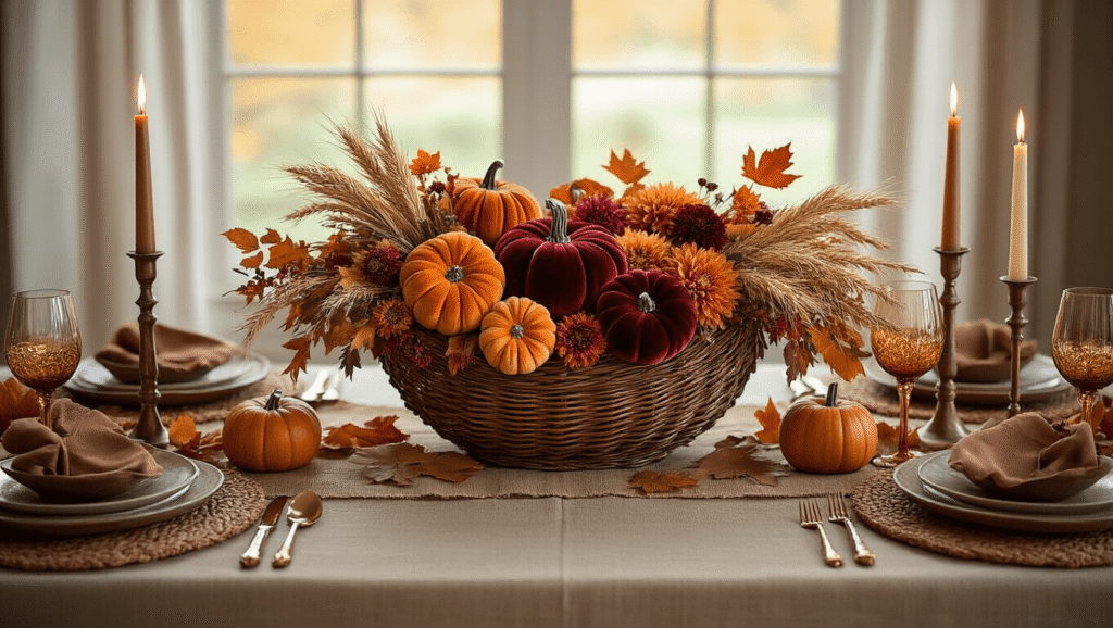 Elegant Thanksgiving dining table with a wicker cornucopia filled with velvet pumpkins, autumn florals, and candles, set in warm earth tones under golden hour lighting.