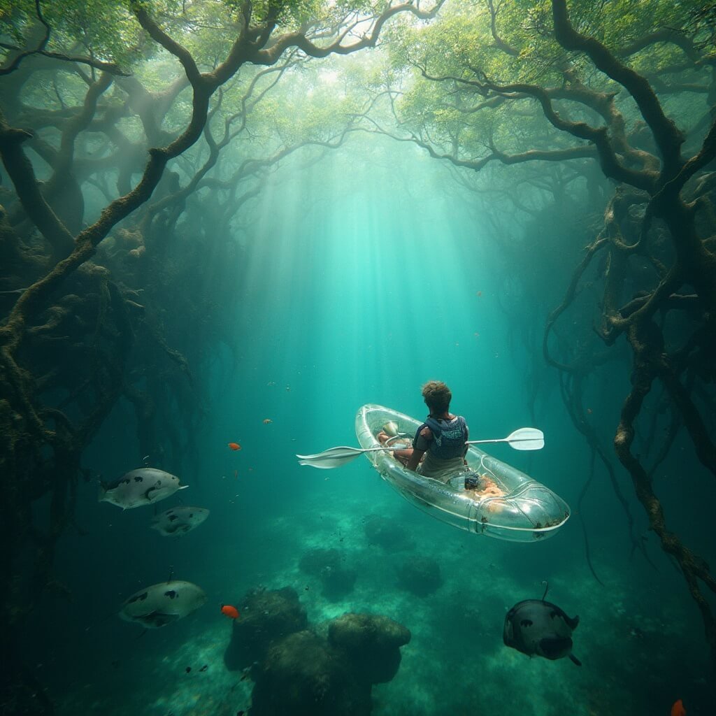 Transparent kayak gliding through clear mangrove waterways showcasing underwater ecosystem with stingrays, tropical fish, and mangrove roots, in a soft morning light, Sugarloaf Key, Florida.