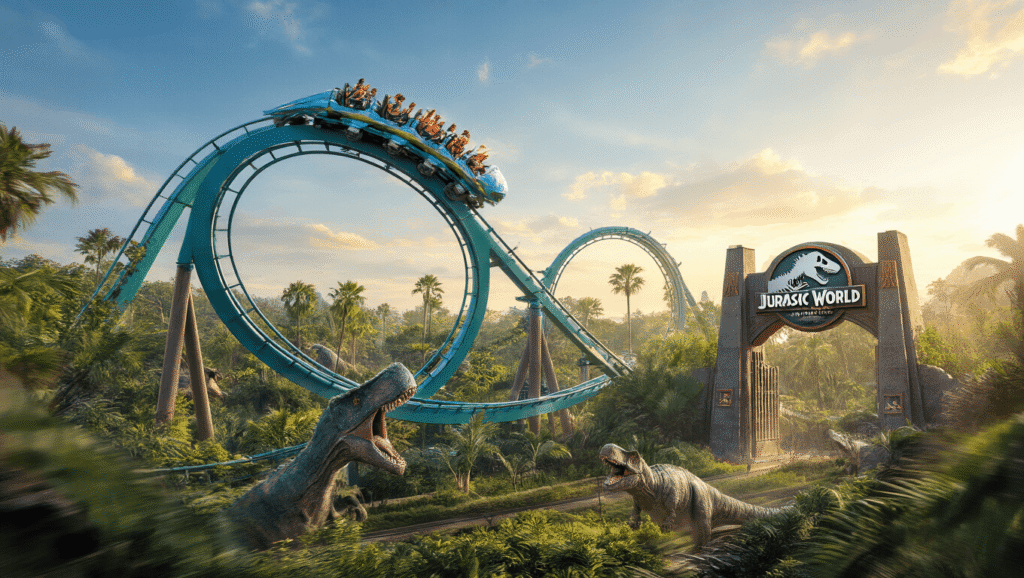 Uncover the INSANE Roller Coaster Secrets of Universal Orlando: Thrill Seekers' Ultimate Guide! "VelociCoaster at Universal Orlando during golden hour, showing riders on Mosasaurus Roll inversion with Jurassic World gate in background, dinosaur animatronics, and lush landscaping below, highlighting its 155-foot height and speed with motion blur effects."