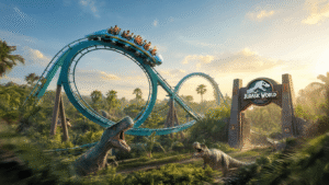 "VelociCoaster at Universal Orlando during golden hour, showing riders on Mosasaurus Roll inversion with Jurassic World gate in background, dinosaur animatronics, and lush landscaping below, highlighting its 155-foot height and speed with motion blur effects."
