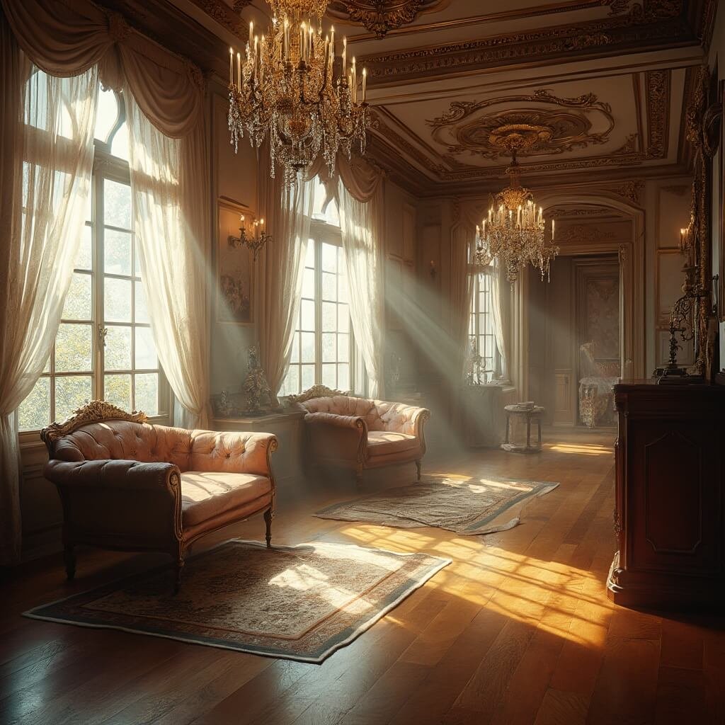 Restored Victorian-era hotel interior with sunlight pouring through ornate windows, crystal chandeliers, polished hardwood floors, antique furniture, and lace curtains, showcased in hyper-detailed architectural photography.