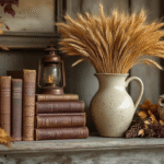A vintage autumn mantel styled with a weathered ironstone pitcher filled with dried wheat, stacked aged leather books, an antique copper lantern, a bittersweet garland, and a small owl figurine, all on a distressed wood mantelpiece, illuminated by warm golden hour light.