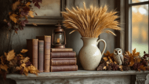 The Vintage Fall Decor I've Been Hoarding (And How You Can Style It Too) A vintage autumn mantel styled with a weathered ironstone pitcher filled with dried wheat, stacked aged leather books, an antique copper lantern, a bittersweet garland, and a small owl figurine, all on a distressed wood mantelpiece, illuminated by warm golden hour light.