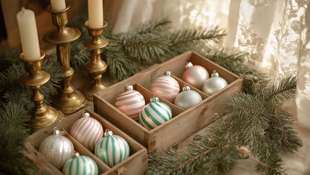 Overhead view of weathered wooden boxes filled with pastel striped Shiny Brite ornaments in mint, blush pink, silver, and pearl white, framed by cedar garland and vintage brass candlesticks, with warm afternoon light illuminating the scene and casting soft shadows.