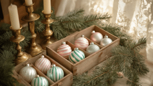 Vintage Christmas Decor: How I Learned to Stop Chasing Trends and Love the Nostalgia Overhead view of weathered wooden boxes filled with pastel striped Shiny Brite ornaments in mint, blush pink, silver, and pearl white, framed by cedar garland and vintage brass candlesticks, with warm afternoon light illuminating the scene and casting soft shadows.