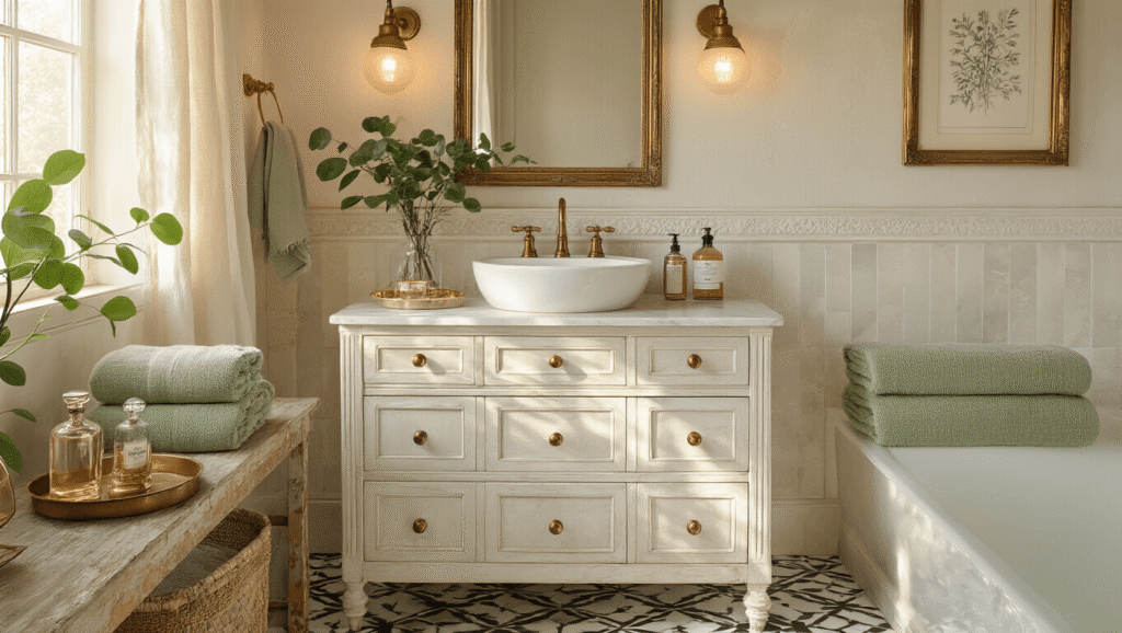 Granny Chic Bathroom: How I Transformed My Bland Space Into a Vintage Dream Cinematic shot of a vintage-inspired bathroom featuring alabaster walls, a weathered white vanity with brass hardware, marble countertop, and soft morning light illuminating decor elements.