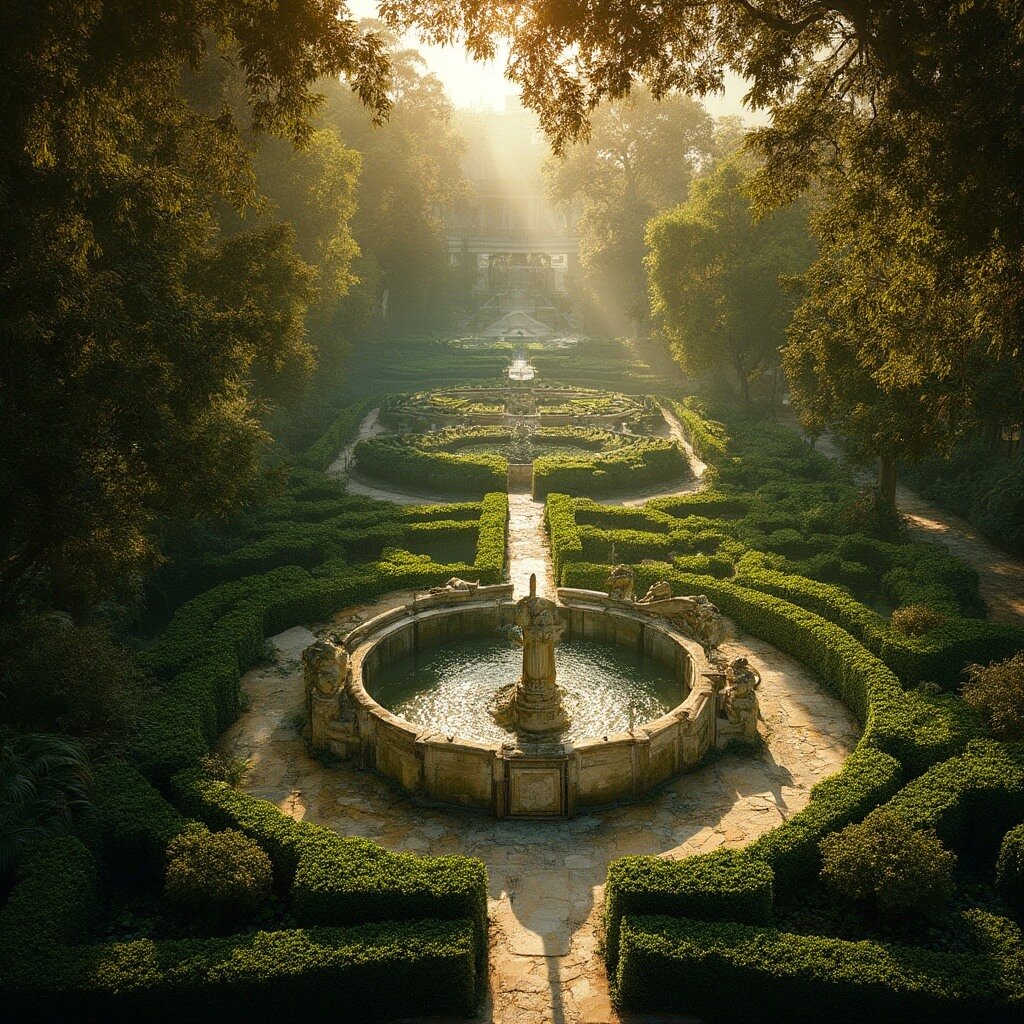 Golden hour photography of Vizcaya's landscaped gardens with geometric hedges, classical fountains and tropical vegetation, highlighting the architecture of Diego Suarez.
