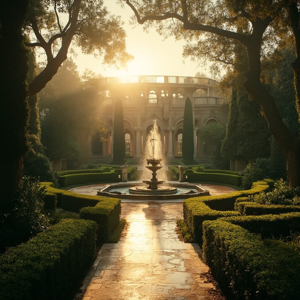 Golden hour view of Vizcaya's gardens, showcasing geometric hedge patterns, European fountains amid Miami's tropical vegetation, with dramatic shadows on manicured paths and statuary.