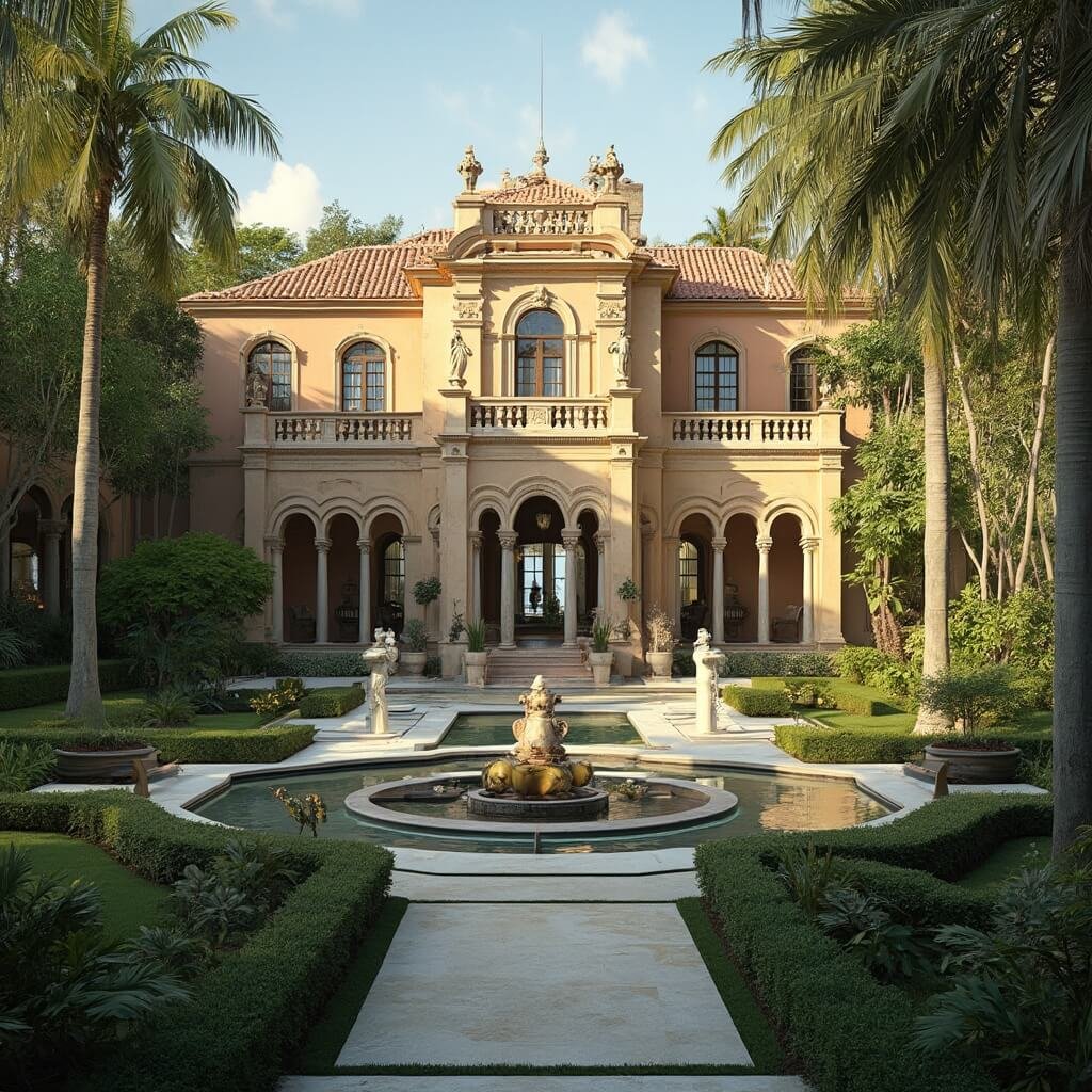 8K ultra-detailed rendering of Vizcaya mansion showcasing intricate facade, ornate windows with golden sunlight, lush tropical geometric gardens, Italian marble statues, and a blend of European classical and early 20th-century architecture.