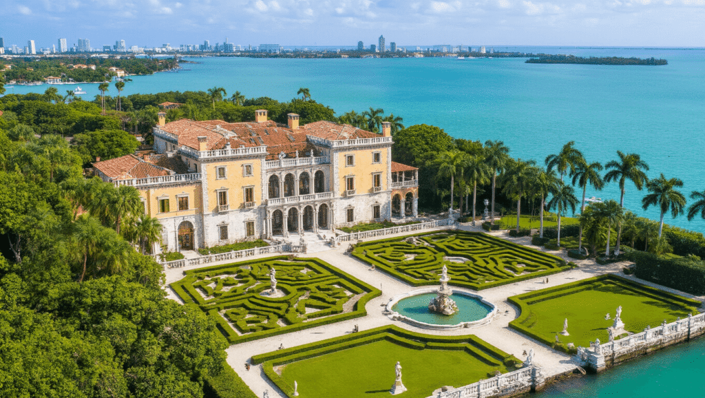 "Aerial view of Vizcaya Museum & Gardens in Miami, displaying a Mediterranean Revival mansion, baroque architecture, formal gardens, marble statues, and a waterfront stone barge along Biscayne Bay"