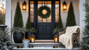 A winter porch at golden hour with Italian cypress trees in black planters, a charcoal door adorned with a eucalyptus wreath, glowing lanterns on stone steps, a cream cable knit throw on a rustic chair, a galvanized bucket of pine cones, light snow on railings, and soft bokeh lighting through frosted glass sidelights.