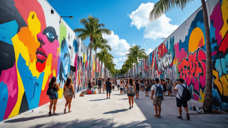"Tourists exploring colorful murals at the outdoor street art museum, Wynwood Walls Miami, with art supplies scattered, palm trees in the background, and graffiti-style text and abstract designs on warehouse walls."