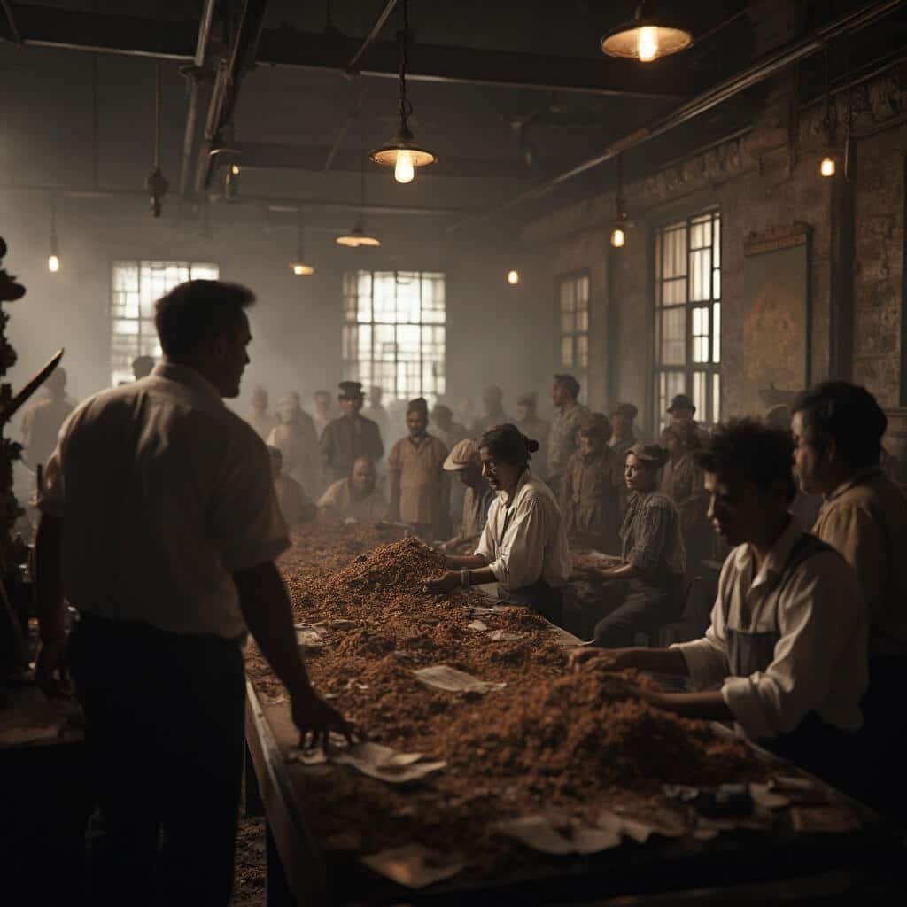 Interior of Ybor's 19th century cigar factory showing diverse ethnic workers hand-rolling tobacco, a lector reading newspapers, and intricate architectural details