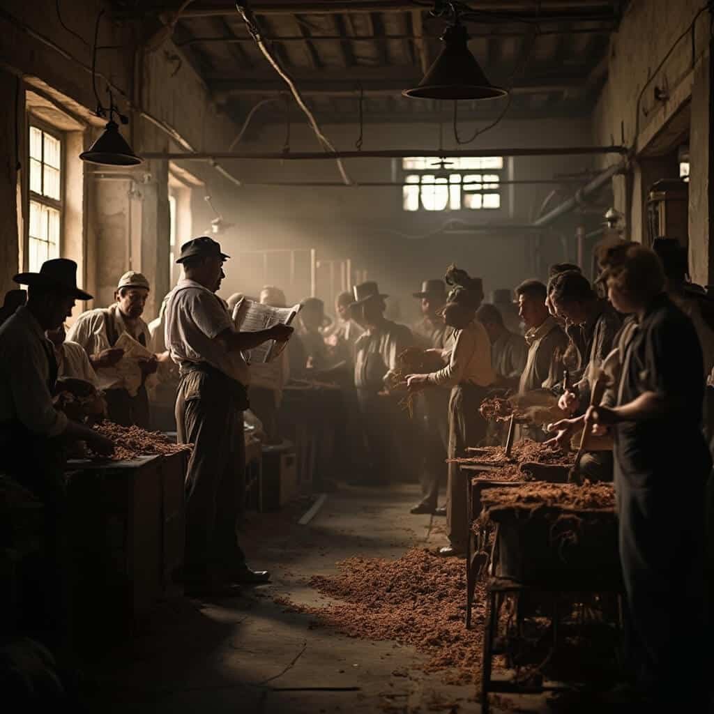 Interior of 19th century Ybor's cigar factory with diverse ethnic workers hand-rolling tobacco, lector reading aloud, showcasing intricate architecture and emotional worker interactions, symbolizing political solidarity and economic transformation.