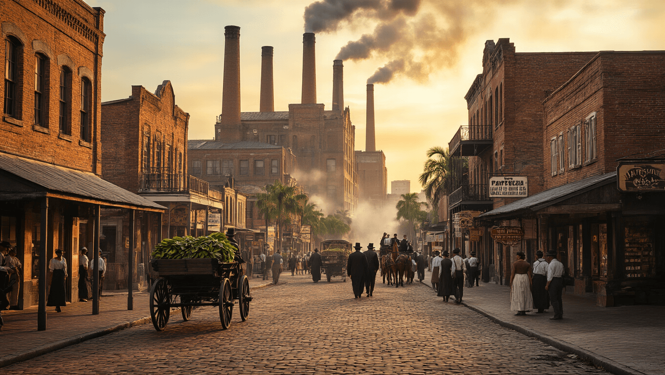 "1885 Ybor City street scene with bustling multicultural workers, Martínez Ybor cigar factory, historic brick streets, Spanish colonial architecture, horse-drawn carriages, discussion of Cuban independence, women in vintage dress, Italian and Spanish storefronts, and local Florida vegetation lit by warm golden light."