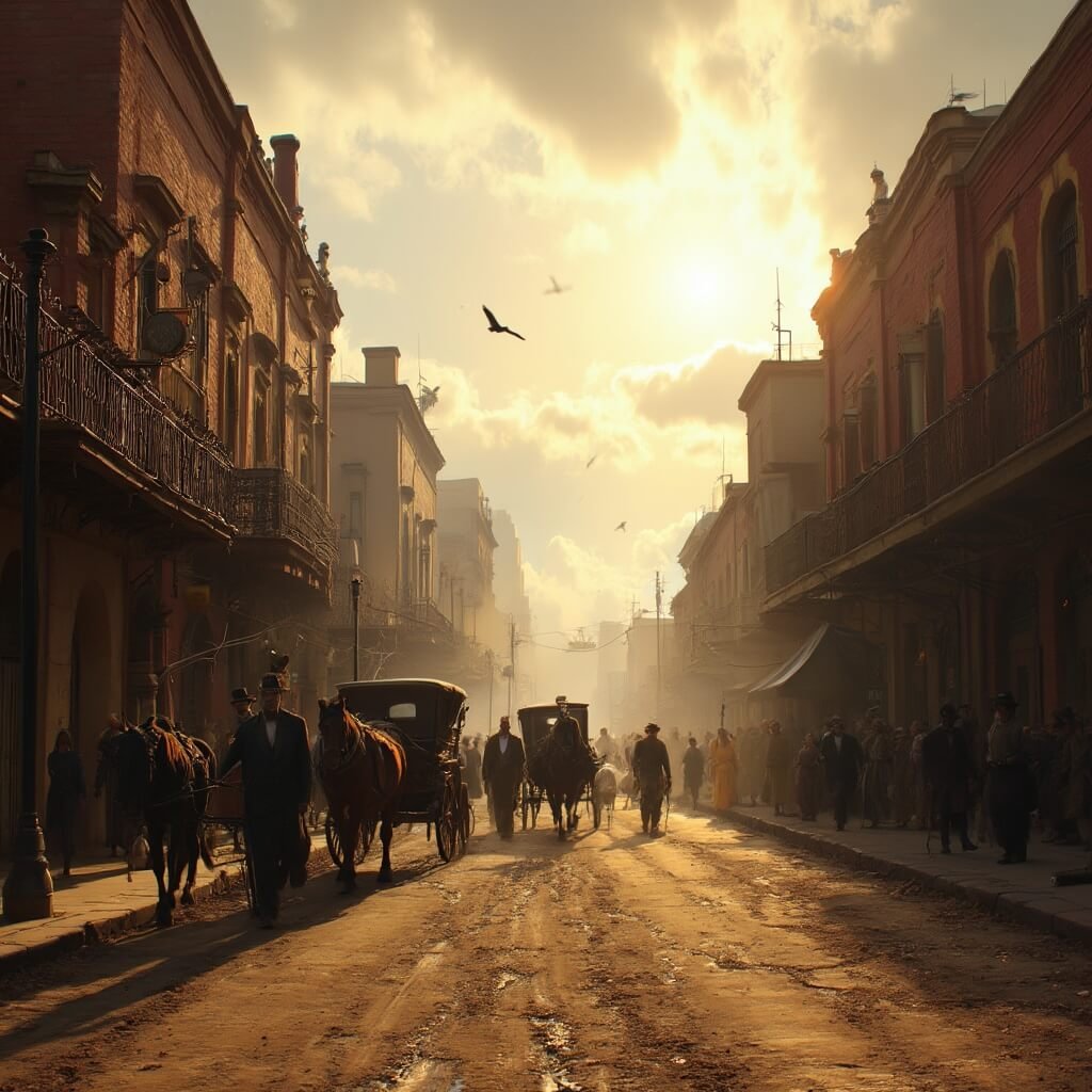 1890s photo depicting busy street scene in Ybor City's Latin Quarter with Cuban, Spanish, and Italian immigrants in period dress, red-brick cigar factories, horse-drawn carriages, and long shadowed golden sunset on dusty streets, shot in photojournalistic style on large format camera