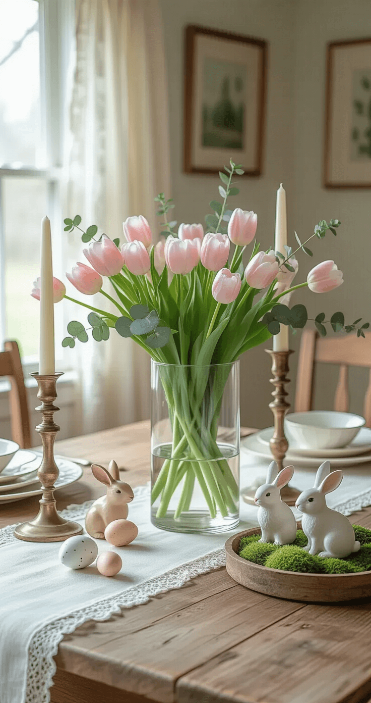 Photorealistic Easter dining room scene featuring a rustic wooden farmhouse table adorned with a white linen runner, a glass vase overflowing with pastel tulips and eucalyptus, and scattered speckled ceramic eggs. Vintage brass candlesticks, a moss-covered wooden tray with porcelain bunny figurines, and a soft sage and blush color palette complete the spring-themed setting, all illuminated by soft morning light filtering through lace curtains.