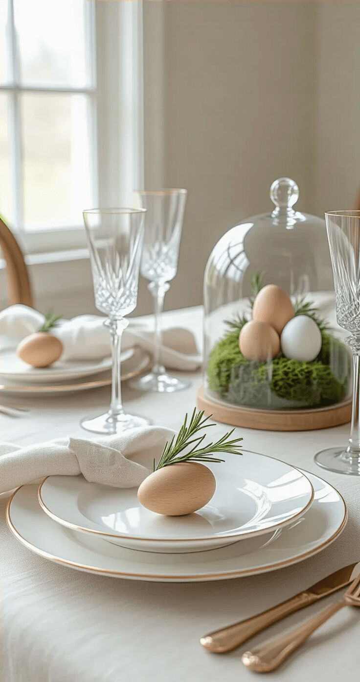 Elegant Easter table setting featuring minimalist design with white ceramic plates, gold rims, hand-painted wooden egg place card holders, soft linen napkins tied with rosemary, delicate calligraphy name tags, crystal champagne flutes, and a moss and egg centerpiece under a glass cloche, all in a soft neutral color scheme.