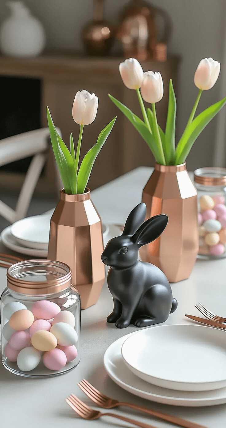 A modern Easter tablescape featuring sleek glass and metallic elements, with rose gold geometric vases holding single tulips, a matte black ceramic bunny sculpture as the centerpiece, ombré pastel eggs in clear glass jars, minimalist white porcelain dinnerware, concrete placemats, and brushed copper cutlery, all illuminated by dramatic side lighting.
