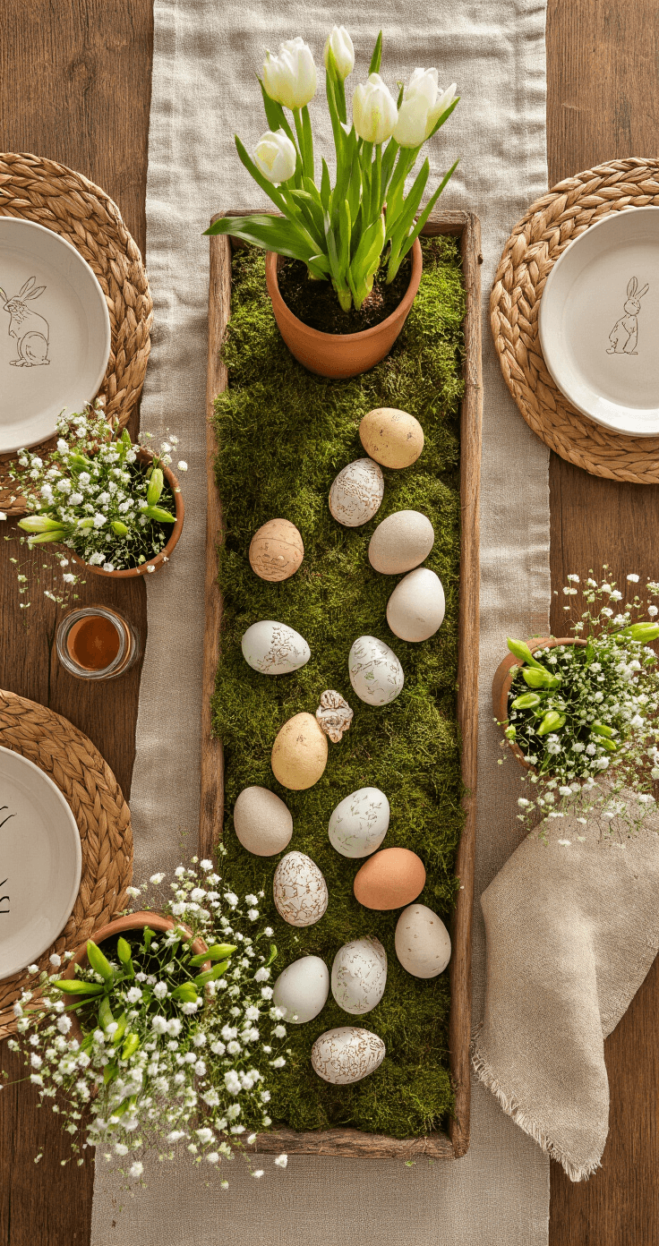 A rustic farmhouse Easter table featuring a natural wooden surface, vintage linen table runner, hand-painted ceramic eggs on a moss-covered tray, fresh spring bulbs in terracotta pots, woven palm leaf placemats, handmade ceramic plates with bunny embossing, mason jars with baby's breath and wildflowers, all bathed in warm golden afternoon sunlight.