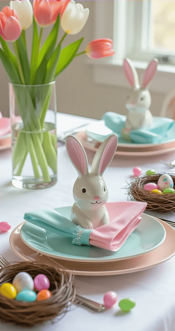 A whimsical Easter children's table setting featuring bunny-shaped ceramic plates, pastel napkins folded as rabbit ears, miniature nest place card holders with hand-painted eggs, scattered jelly beans, and tall vases with tulip stems, all on a bright white tablecloth, captured from a low angle to highlight the magical design.