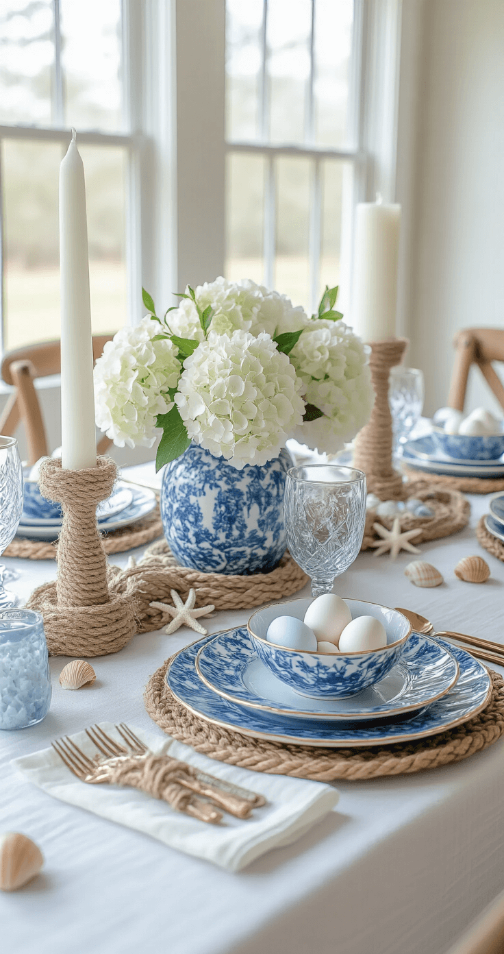 Sophisticated coastal-inspired Easter tablescape featuring a marine blue and white color palette, with a crisp white linen tablecloth, blue ceramic plates with gold rims, a driftwood centerpiece with white ceramic eggs, sea glass vases filled with white hydrangeas, rope-wrapped napkin rings, scattered seashells and starfish, and tall white pillar candles in hurricane glasses, all illuminated by bright, airy natural lighting from large windows.