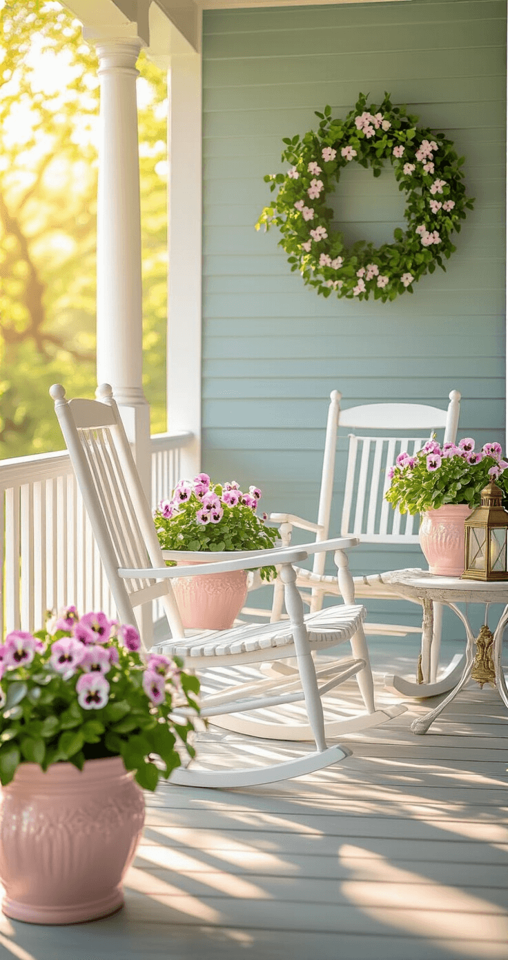 Luxurious spring front porch with classic white rocking chairs, pink and green ceramic planters filled with pansies and ivy, morning sunlight filtering through a magnolia wreath, wooden plank flooring, white railings, blue-gray walls, vintage brass lantern, wide angle view with soft natural lighting and dewy atmosphere.