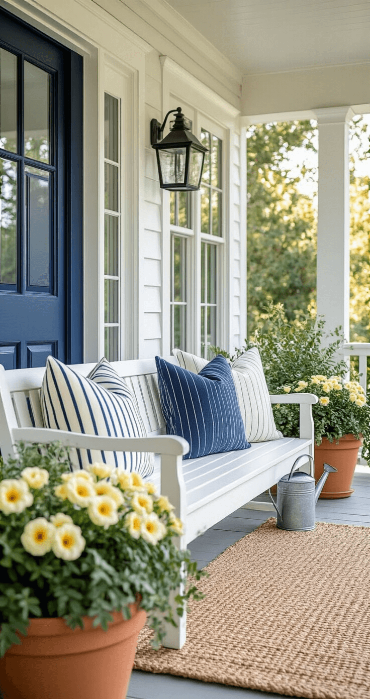 Coastal-inspired front porch featuring a navy blue door, white washed wooden bench with striped pillows, terra cotta planters with pale yellow primrose and trailing eucalyptus, and a galvanized metal watering can, all under soft morning light with a jute rug layered with a welcome mat.