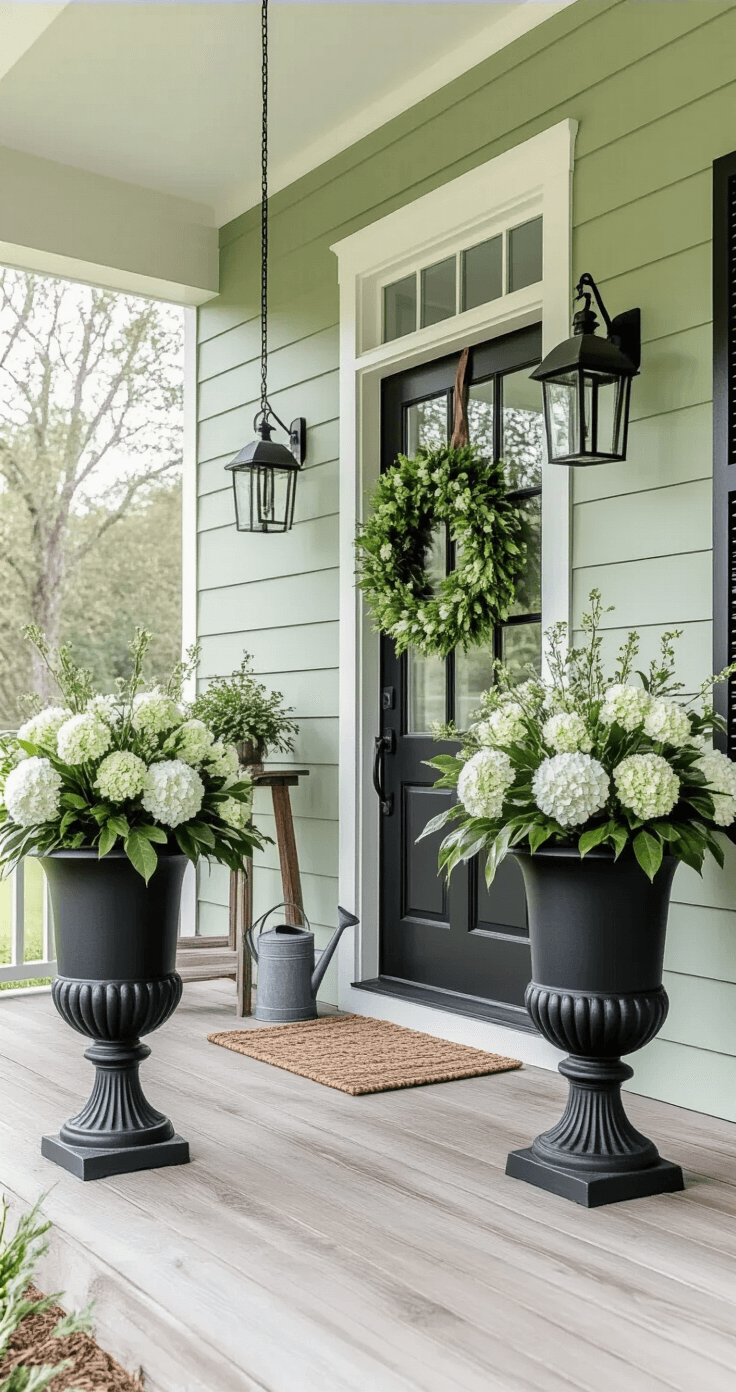 A modern farmhouse front porch with large black metal urns filled with white and green floral arrangements, a distressed wooden plant stand, and a vintage watering can. The soft sage green exterior walls and natural wood elements are accented by crisp white trim, while a large magnolia wreath adorns the black front door. Early morning mist creates ethereal lighting, enhancing the depth and intricate textures of the scene.