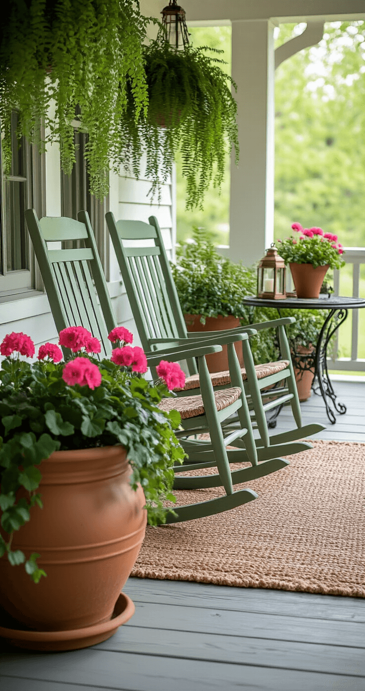 A rustic spring porch featuring two vintage sage green rocking chairs, a handwoven outdoor rug, oversized terracotta planters with trailing ivy and bright pink geraniums, a small bistro table with wrought iron details, and soft morning light filtering through hanging ferns and brass lanterns, showcasing a distressed wooden floor and detailed plant textures with morning dew.