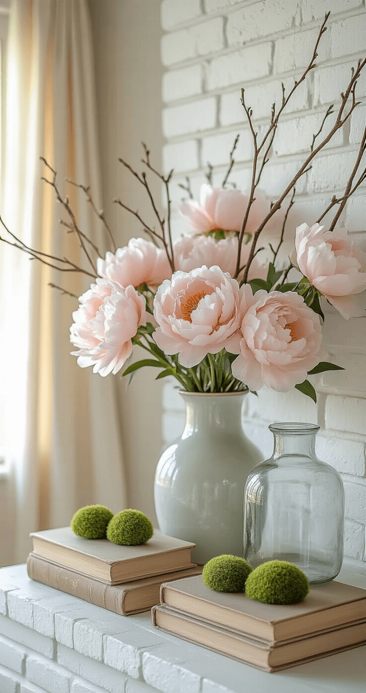 A sunlit modern farmhouse living room featuring a white brick fireplace, adorned with a pastel spring mantel display of blush pink peonies in a vintage vase and delicate willow branches in tall glass vessels, with soft green moss-covered ceramic eggs on distressed wooden books, illuminated by golden hour light streaming through sheer linen curtains, captured from a 45-degree overhead angle.