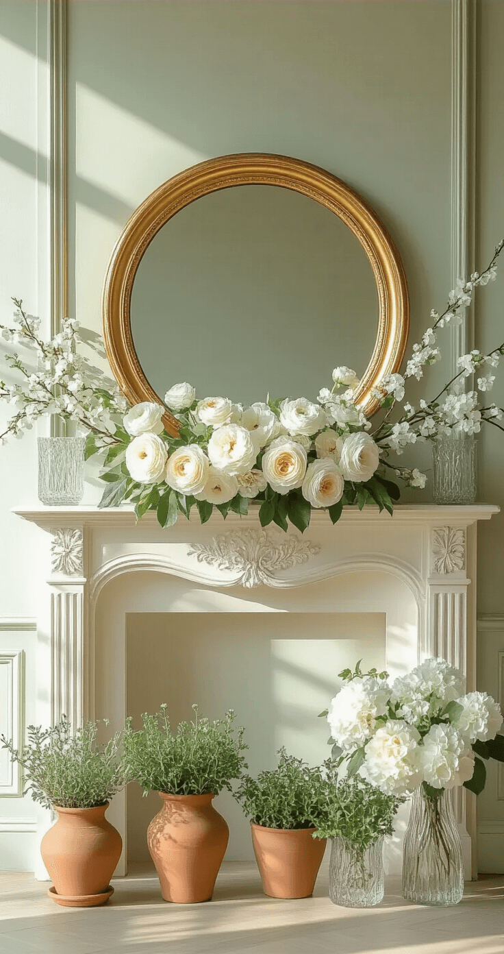 An elegant mantel adorned with an antique round gold mirror, featuring soft sage and cream hues, asymmetrical clusters of fresh ranunculus and hydrangea, slender crystal vases with white cherry blossom branches, vintage terracotta planters with miniature herbs, all illuminated by soft morning light creating gentle shadows.