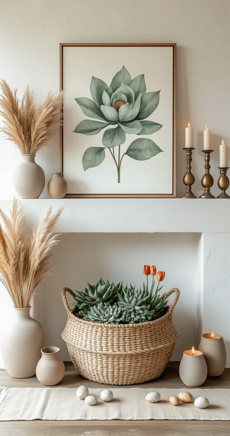 Bohemian-style mantel with a textured white plaster wall, featuring a large botanical watercolor artwork, oversized woven basket with potted succulents, dried pampas grass and tulip stems in matte ceramic vases, vintage brass candleholders with flameless candles, and a natural linen runner adorned with speckled ceramic eggs, all bathed in warm afternoon light from a slightly lowered angle.