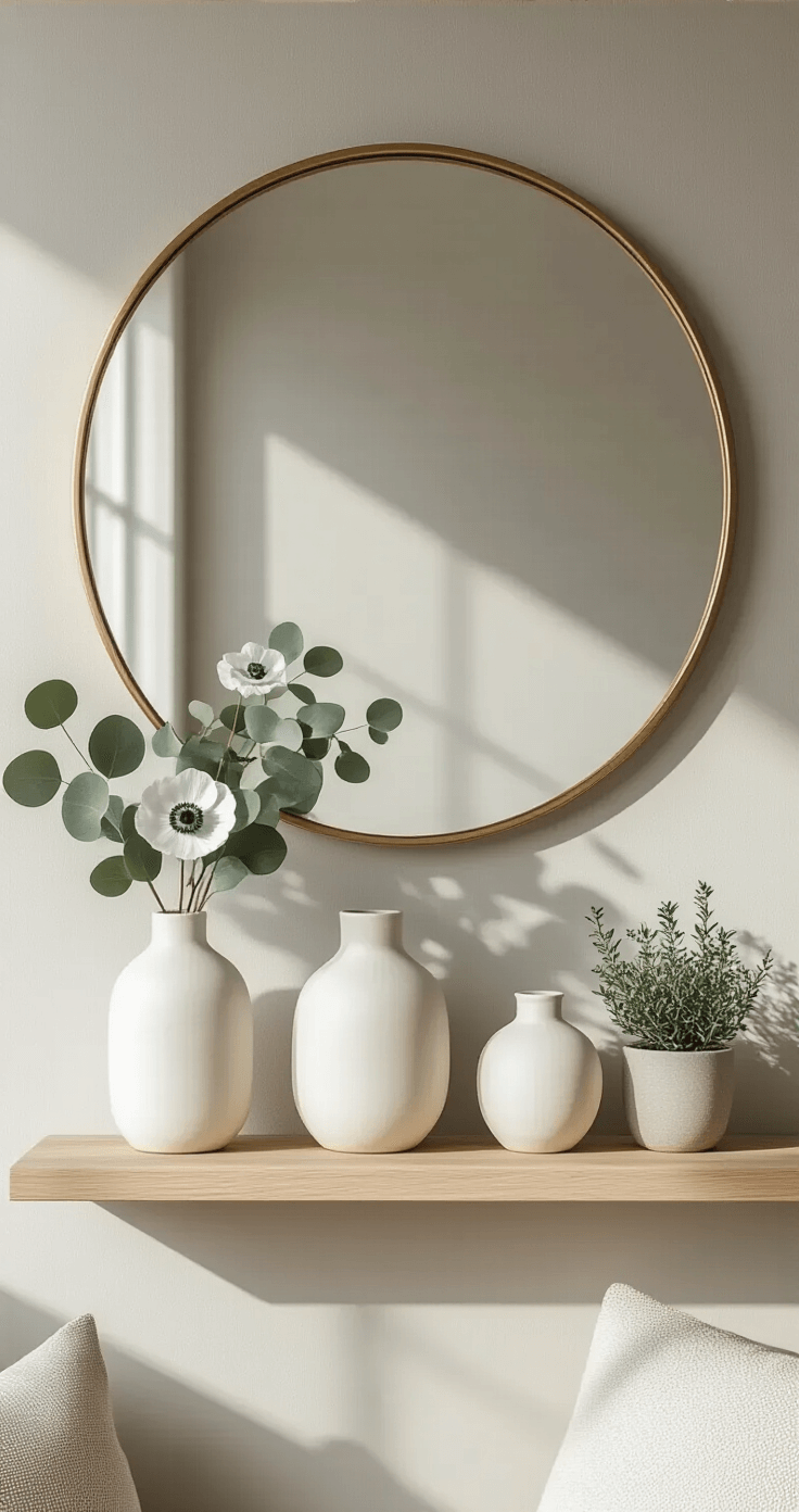 Minimalist Scandinavian living room mantel featuring a light oak floating shelf, a large round mirror with a thin brass frame, trio of white ceramic vases, sparse greenery with eucalyptus and anemones, and a small potted rosemary plant, set against a soft gray wall with morning light casting gentle shadows.
