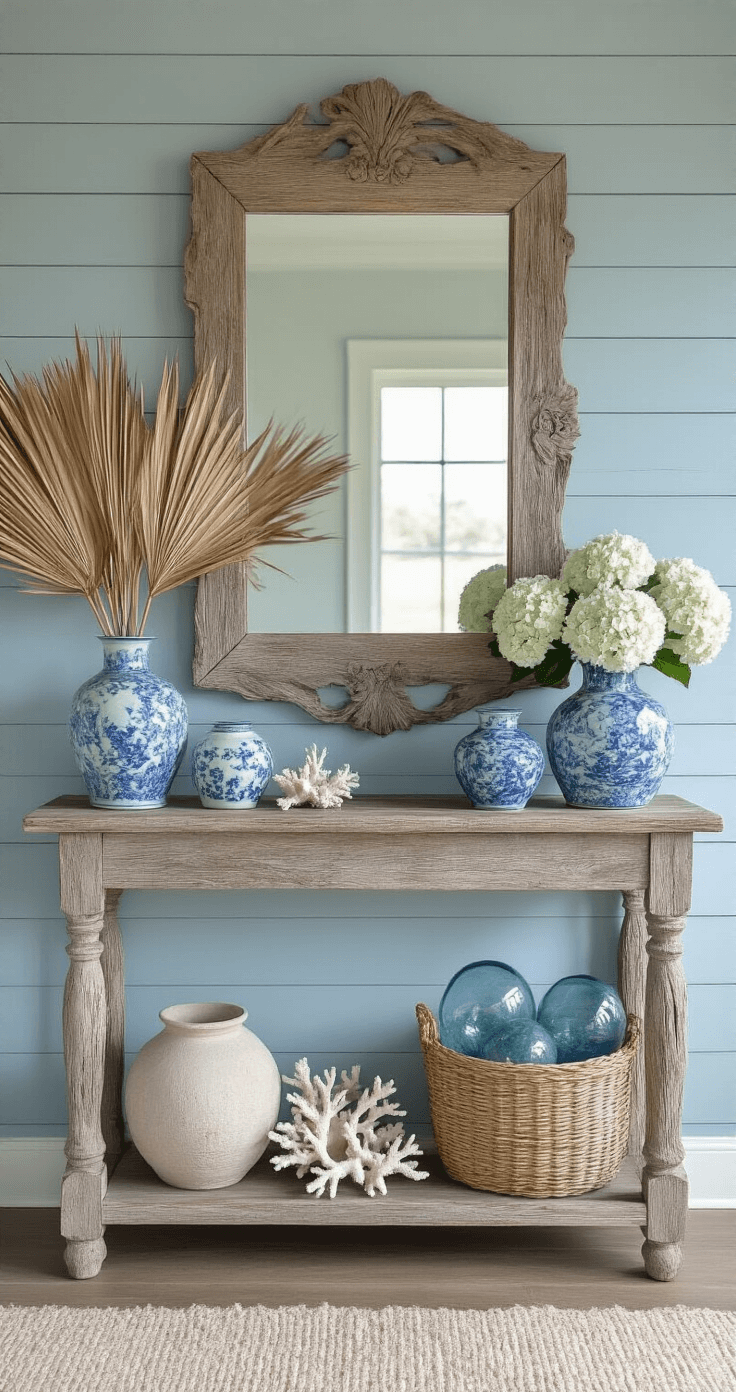 Coastal-inspired mantel with weathered blue-gray shiplap wall, large driftwood-framed mirror, blue and white ceramic vases, fresh periwinkle hydrangeas, dried palm fronds, bleached coral branches, vintage glass floats, and sea pottery, all bathed in morning light for an ethereal atmosphere.