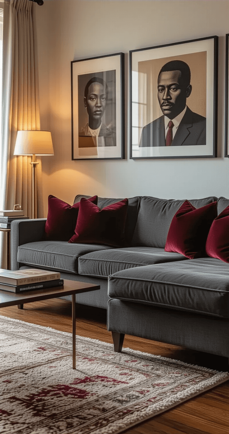 A warm, inviting modern living room featuring a Black History Month display, with soft ambient lighting from brass lamps, a gray sectional sofa adorned with burgundy velvet pillows, and a gallery wall of African American art. The space is accented by vintage hardwood floors, a textured area rug, and afternoon light filtering through sheer curtains, highlighting curated books and artistic elements.