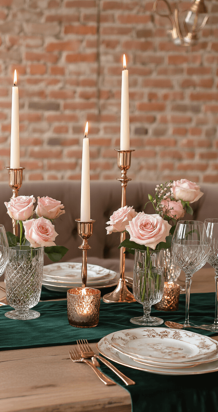 Sophisticated Valentine's Day dining area featuring jewel-toned velvet decor, rose gold candle holders, blush roses in crystal vases, and a deep emerald green table runner with gold-rimmed plates, all illuminated by warm candlelight against an exposed brick wall and modern minimalist chairs.