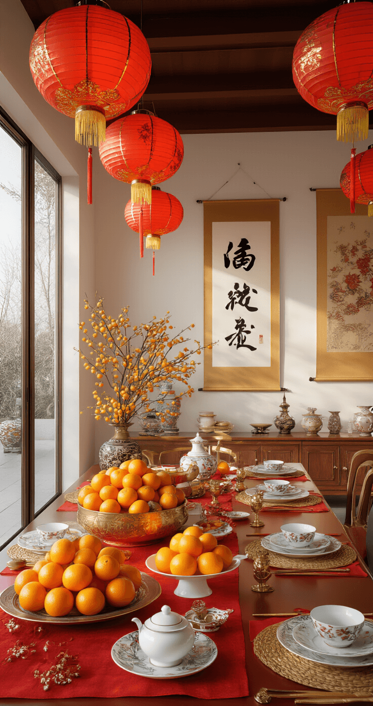 A vibrant Lunar New Year celebration interior featuring a modern open-concept design, adorned with red and gold accents, fresh citrus displays, hanging paper lanterns, and calligraphy scrolls on white walls. The scene showcases a detailed tabletop with mandarin oranges and a porcelain tea set, illuminated by warm, layered lighting and afternoon sunlight streaming through large windows, creating a cultural and festive atmosphere.