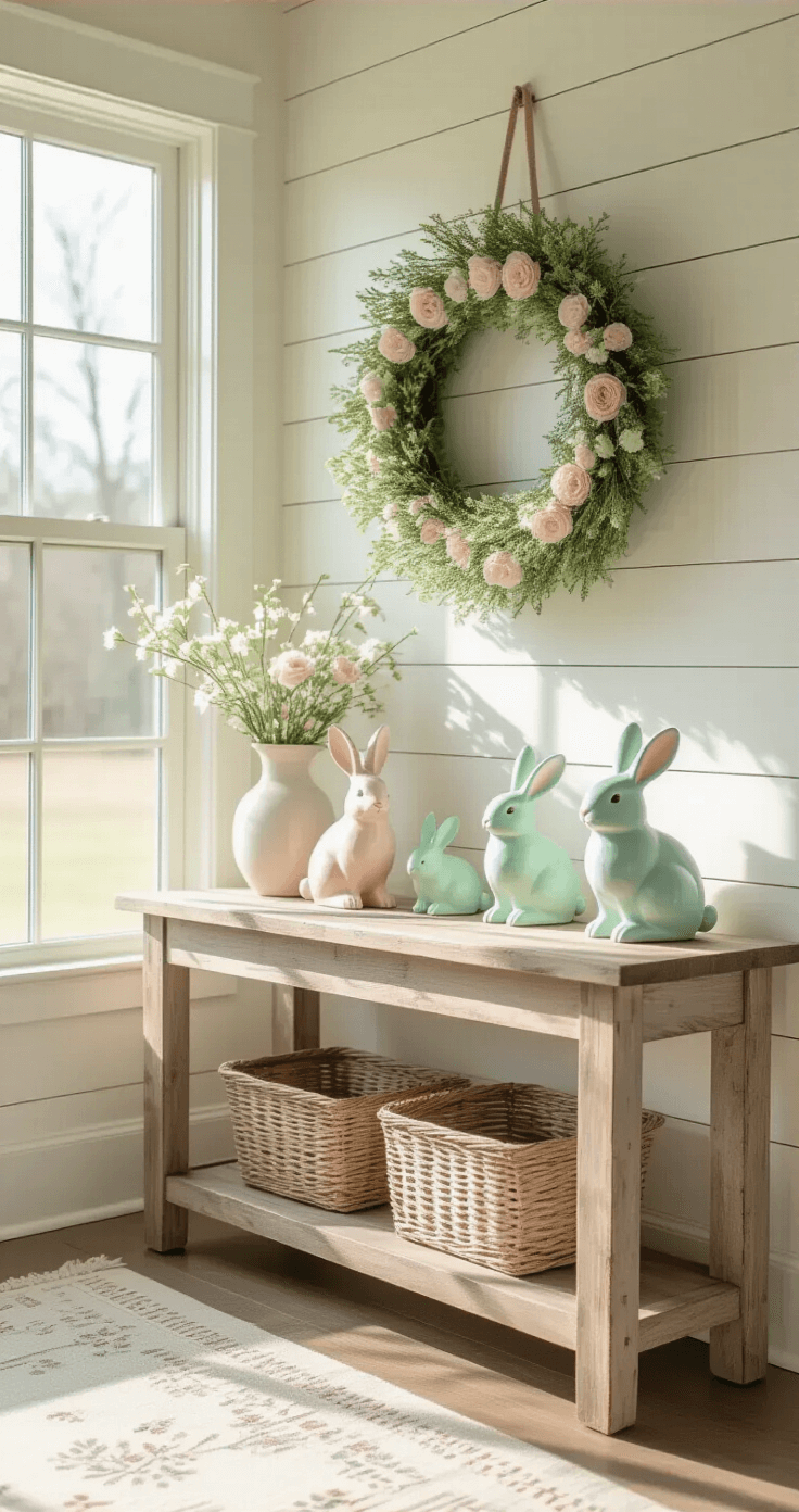 A bright modern farmhouse entryway showcasing a pastel spring wreath on a shiplap wall, mint green and blush pink ceramic bunnies on a reclaimed wood console table, and a textured linen runner with embroidered spring motifs, all illuminated by soft morning light.
