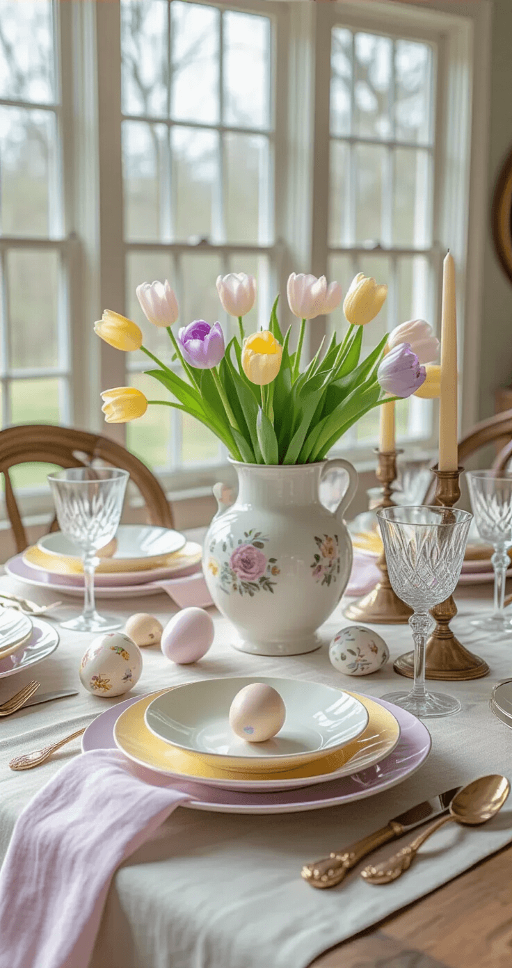 Elegant dining room tablescape featuring layered pastel linens, mix-and-match ceramic plates in soft yellows and lavenders, a vintage vase of fresh tulips and ranunculus, surrounded by hand-painted ceramic eggs and brass candlesticks, all illuminated by natural light with intentional asymmetry.