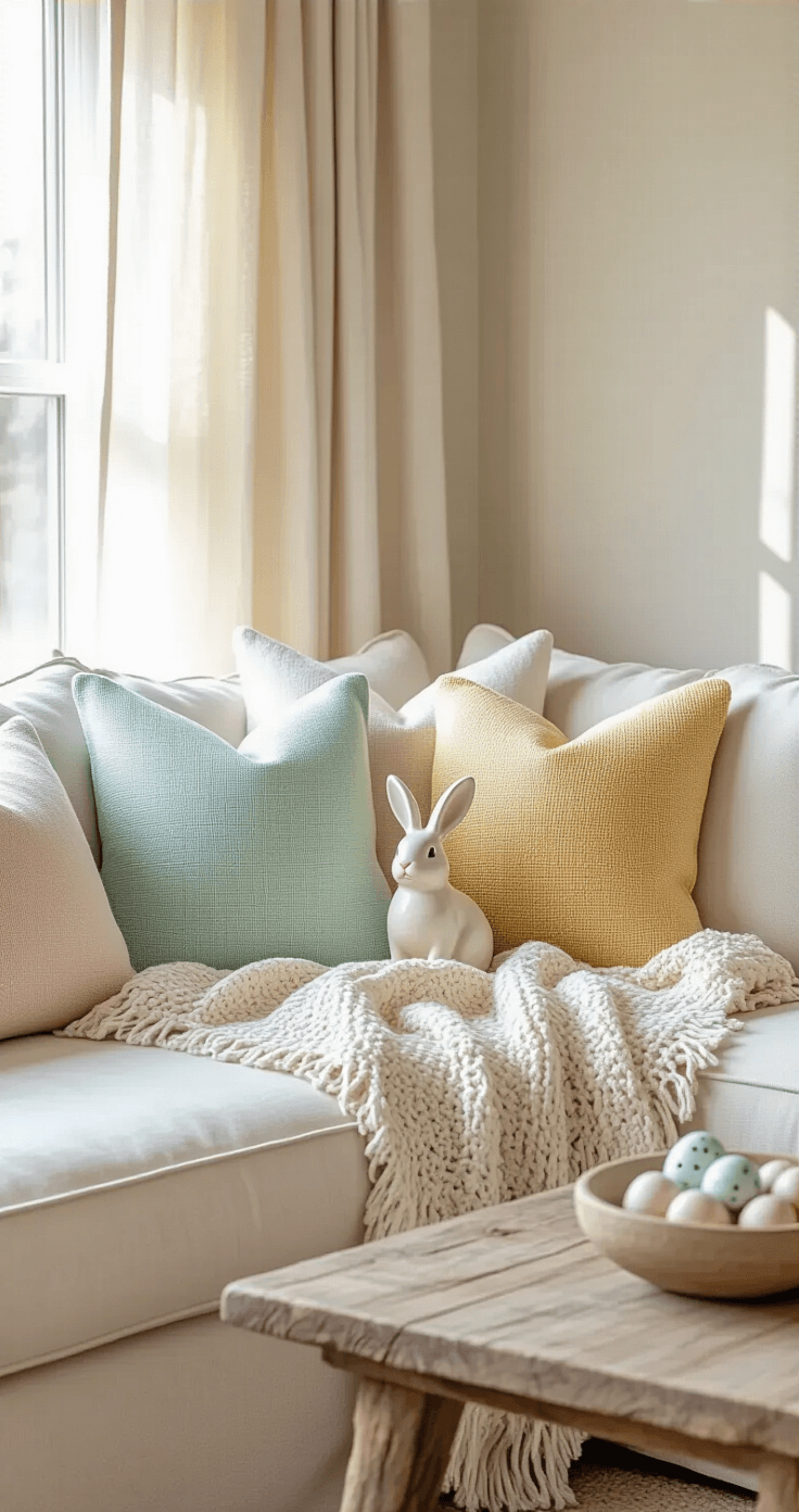 Cozy living room corner with a plush cream sofa adorned with mint, blush, and soft yellow throw pillows, draped with a woven blanket. A rustic wooden side table holds a ceramic bunny figurine and a glass bowl of speckled eggs, with afternoon sunlight filtering through sheer linen curtains.
