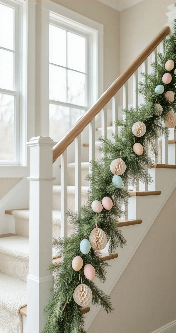 A modern farmhouse staircase featuring a white wooden banister adorned with fresh spring garland, pastel fabric eggs, and delicate paper honeycomb decorations, illuminated by soft natural light, with a neutral wall color enhancing the vibrant decorations.