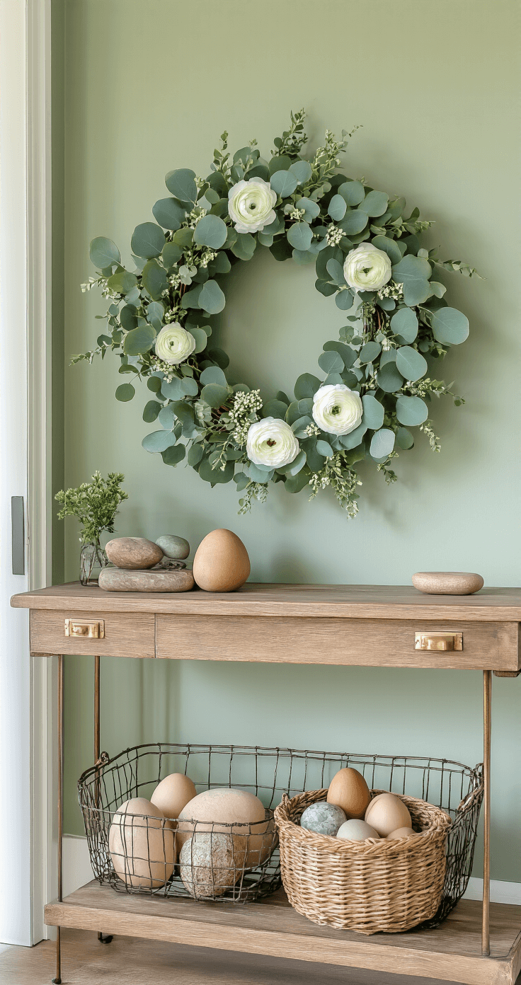 A beautifully styled entryway console table adorned with a lush spring wreath of eucalyptus, lamb's ear, and white ranunculus, beside a vintage wire basket filled with natural wooden and stone decorative eggs, set against a soft sage green wall illuminated by morning light, showcasing minimal brass accents and layered textures.