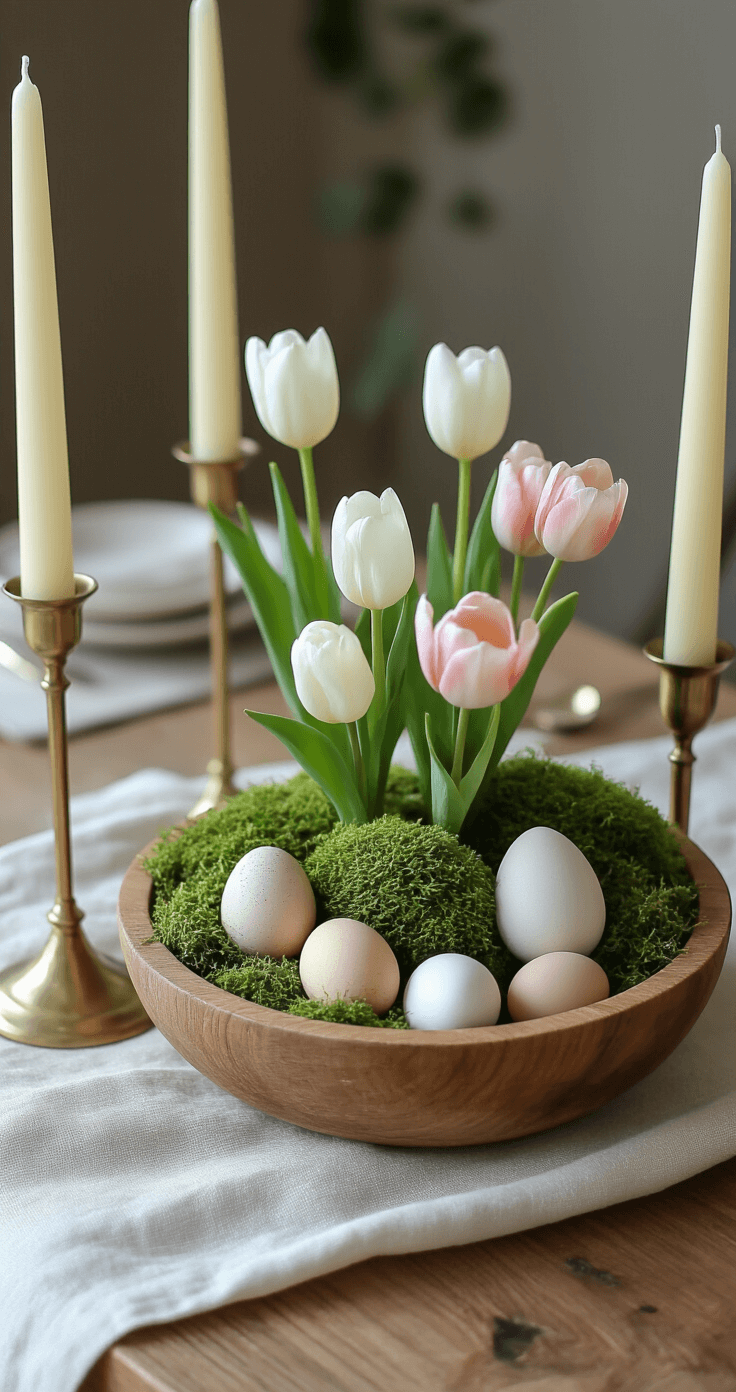 A beautifully arranged dining table centerpiece featuring a low wooden dough bowl filled with pale moss, scattered muted ceramic eggs, and small white and blush tulips. Two slender brass candlesticks with ivory candles stand beside a natural linen tablecloth in soft cream, all captured from an overhead perspective to emphasize intricate textures.