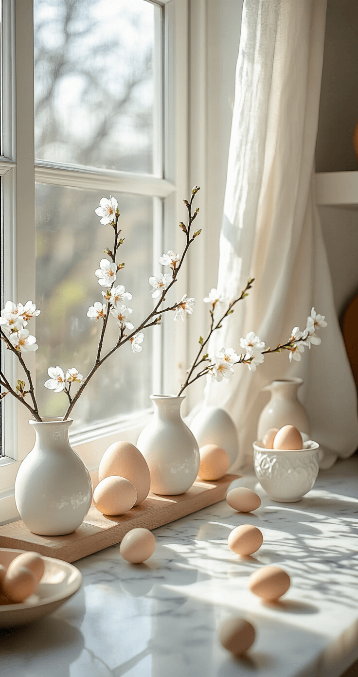 A styled kitchen windowsill featuring hand-painted wooden eggs in soft watercolor tones, small white ceramic bud vases with cherry blossom branches, and morning sunlight softly filtering through sheer curtains onto a marble countertop, captured from a side angle.