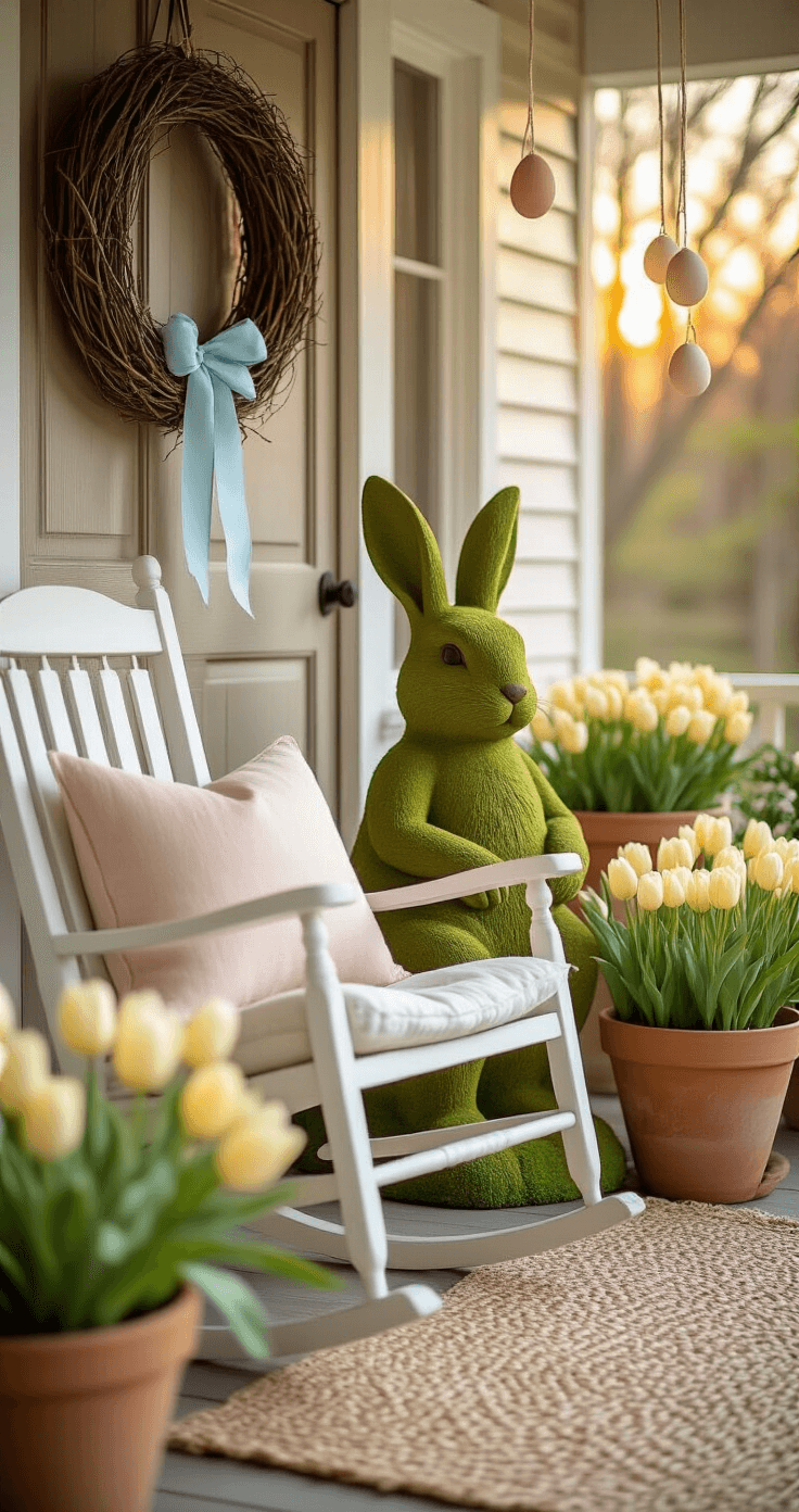 Ultra-realistic Easter front porch at golden hour featuring a vintage white rocking chair with blush cushions, a moss-covered bunny statue, terracotta planters with yellow tulips and white daffodils, and a grapevine wreath with a blue silk ribbon. A woven jute rug adds texture, while delicate hanging egg ornaments accentuate the warm, inviting atmosphere.