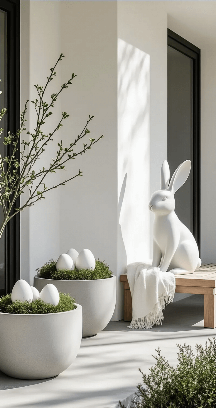 Modern minimalist Easter porch featuring white walls, sleek concrete planters with white ceramic eggs, sparse greenery, and a large abstract metal bunny sculpture. A Scandi-inspired wooden bench with an oversized ivory linen throw adds warmth, all under soft natural light that highlights geometric forms.