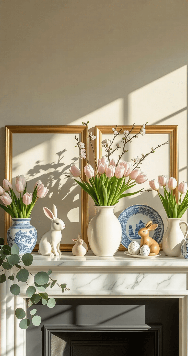 Elegant Easter mantel with a white marble fireplace, featuring mismatched cream and white ceramic vases filled with pale pink tulips and cherry blossoms, wooden and ceramic bunnies, decorative speckled eggs, blue and white china plates, gold picture frames, and soft green eucalyptus, all illuminated by golden afternoon sunlight.