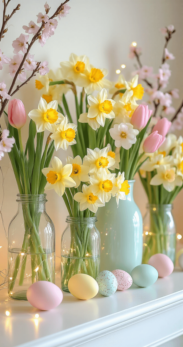 Vibrant spring floral Easter mantel with vases of daffodils, tulips, and cherry blossoms, accented by fairy lights and speckled eggs, in a pastel color palette of pink, mint green, and yellow, illuminated with dramatic side-lighting.
