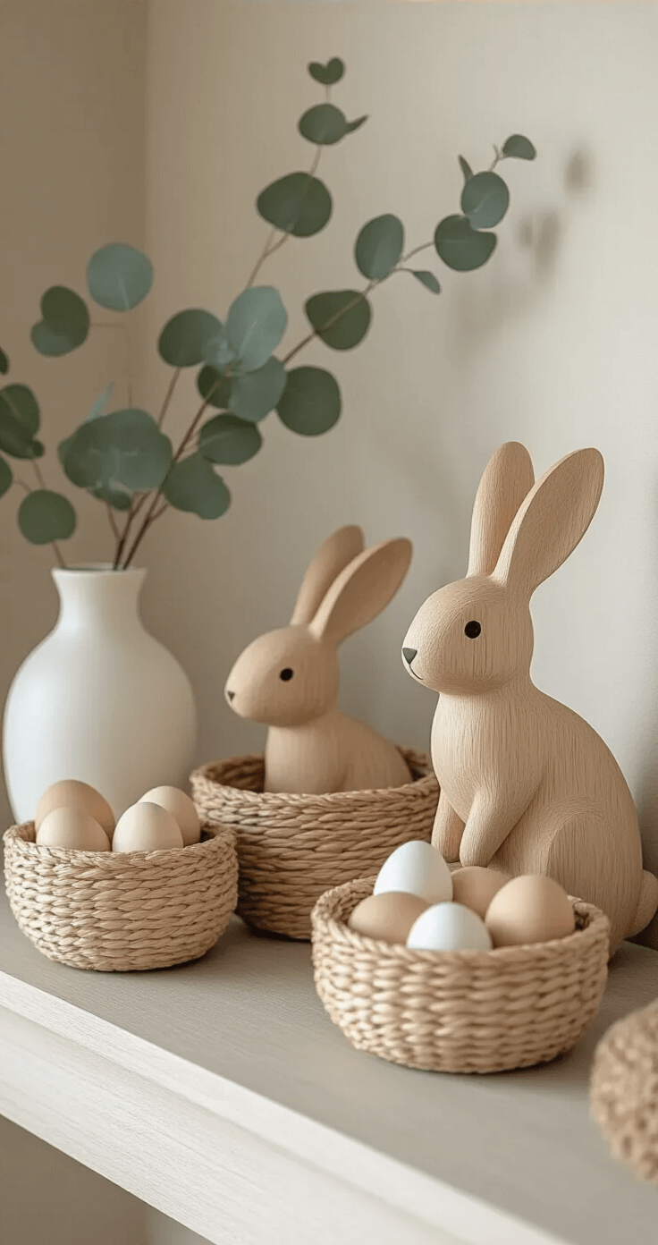 A minimalist Easter mantel featuring a sleek modern fireplace, wooden bunnies of varying sizes with negative space, woven baskets of neutral-toned eggs, and a single eucalyptus stem in a white vase, all in a cream and beige color palette.